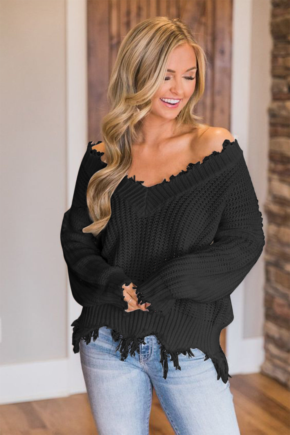 Frayed Hem Dropped Shoulder Sweater - 1985 the VAULT Boutique