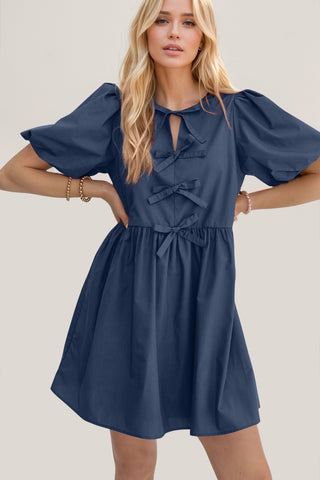 Oh Bow Ruched Puff Sleeve Mini Dress - 1985 the VAULT Boutique