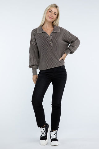 Washed Collared Henley Sweater - 1985 the VAULT Boutique