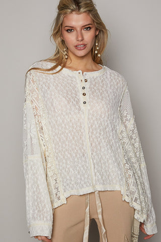 POL Round Neck Long Sleeve Raw Edge Lace Top - 1985 the VAULT Boutique