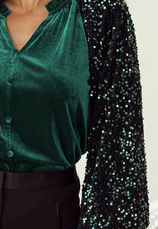 Sequin Notched Long Sleeve Blouse - 1985 the VAULT Boutique