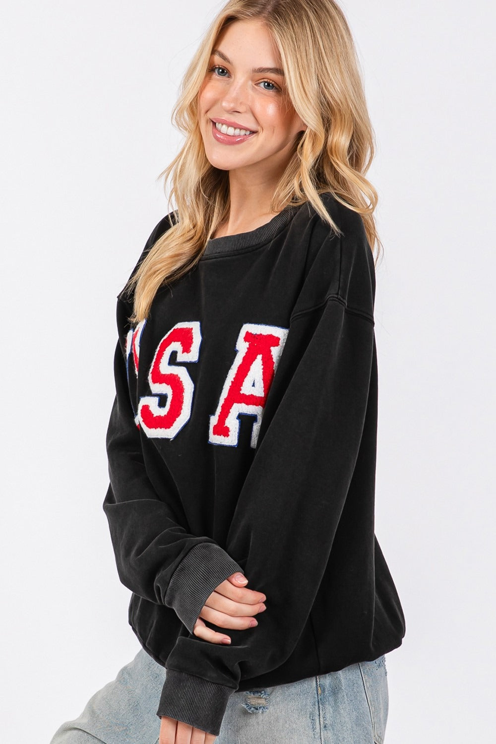 Sage + Fig USA Letter Patch Round Neck Sweatshirt - 1985 the VAULT Boutique