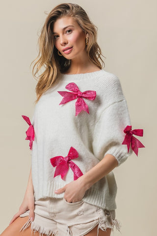 BiBi Sequin Bow Puff Sleeve Sweater - 1985 the VAULT Boutique