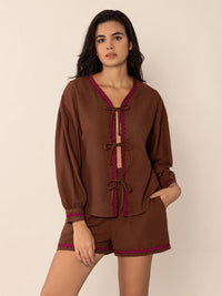 Tied V-Neck Long Sleeve Top and Shorts Set - 1985 the VAULT Boutique