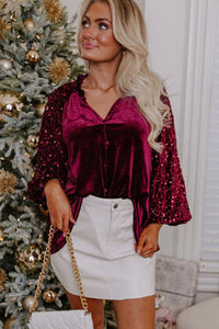 Sequin Notched Long Sleeve Blouse - 1985 the VAULT Boutique