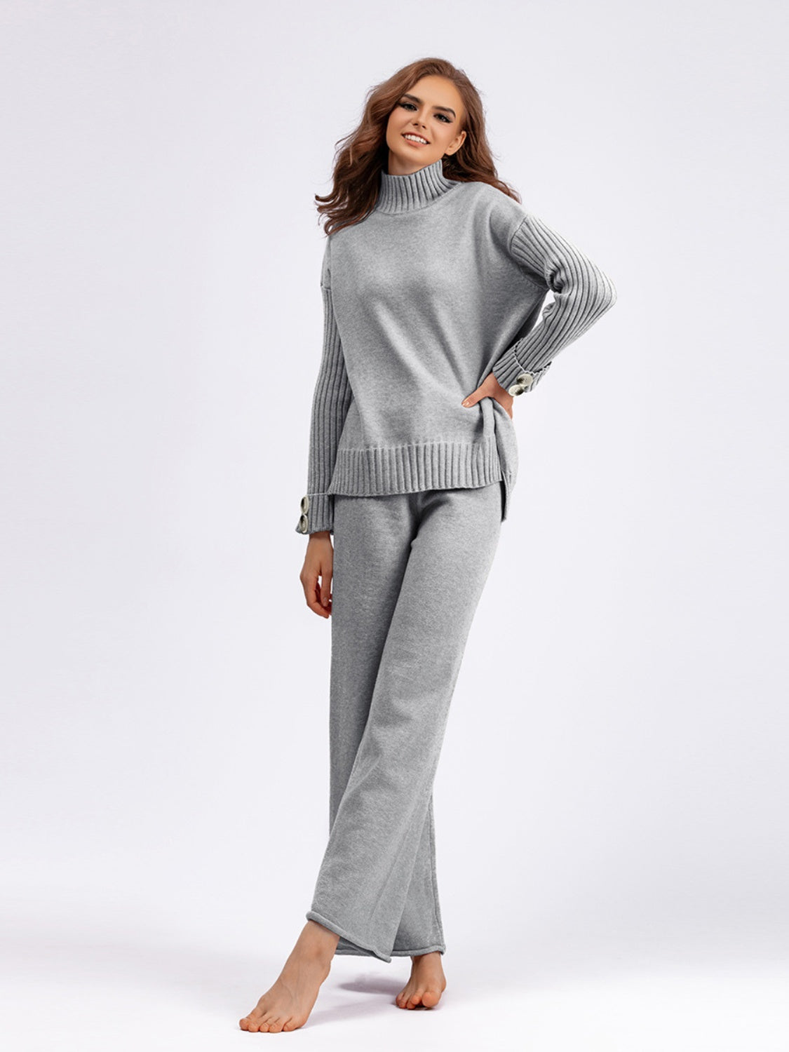 Basic Bae High- Low Turtleneck Long Sleeve Top and Pants Sweater Set - 1985 the VAULT Boutique