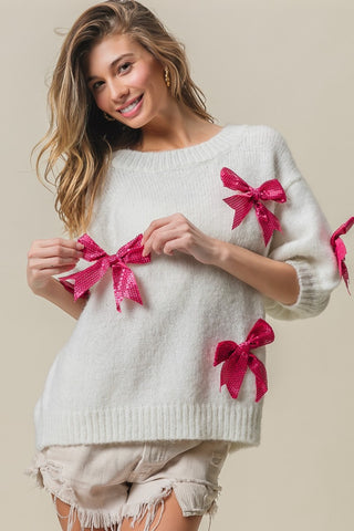 BiBi Sequin Bow Puff Sleeve Sweater - 1985 the VAULT Boutique