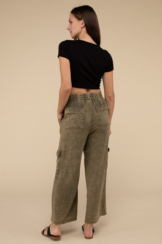 Washed Linen Elastic Band Waist Cargo Pants - 1985 the VAULT Boutique