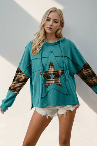 Double Take Drawstring Plaid Star Patch Long Sleeve Hoodie - 1985 the VAULT Boutique