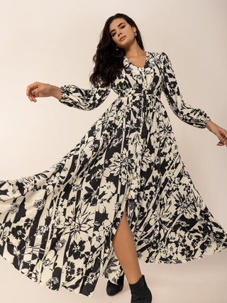 Tied Printed V-Neck Long Sleeve Midi Dress - 1985 the VAULT Boutique