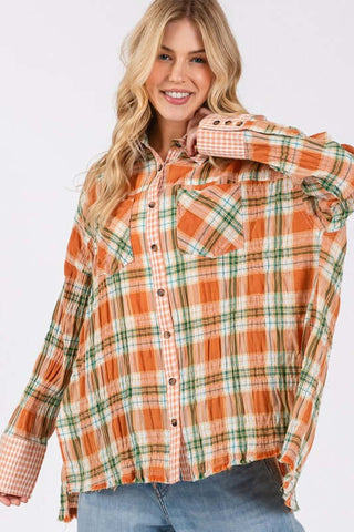 SAGE + FIG Side Slit Plaid Button Down Long Sleeve Shirt - 1985 the VAULT Boutique