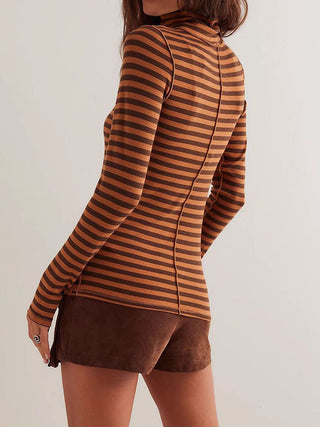 Exposed Seam Striped Turtleneck Long Sleeve T-Shirt - 1985 the VAULT Boutique