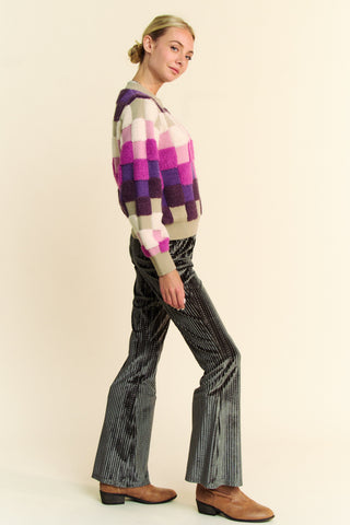 Davi & Dani Checkered Round Neck Long Sleeve Sweater - 1985 the VAULT Boutique