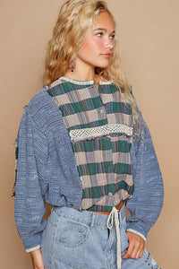 POL Round Neck Long Sleeve Plaid Shirt - 1985 the VAULT Boutique