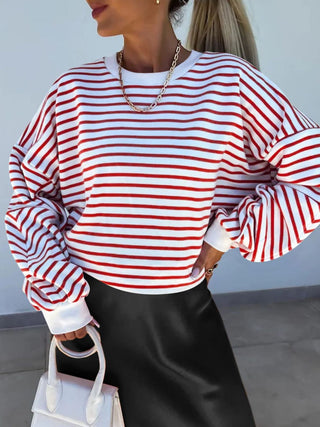 Full Size Striped Round Neck Long Sleeve Sweatshirt Plus Size - 1985 the VAULT Boutique