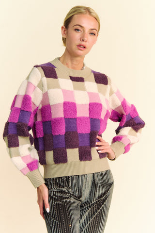 Davi & Dani Checkered Round Neck Long Sleeve Sweater - 1985 the VAULT Boutique