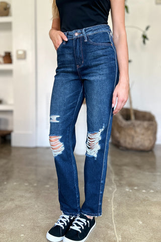 Judy Blue Full Size High Waist Rigid Magic Heavy Destroy Straight Jeans - 1985 the VAULT Boutique