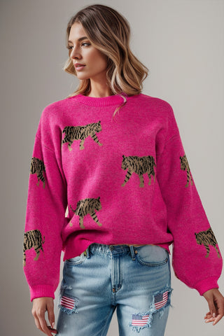 Tiger Pattern Round Neck Drop Shoulder Sweater - 1985 the VAULT Boutique