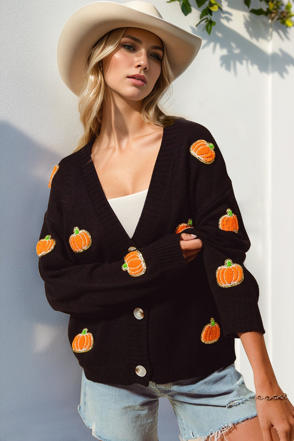 Double Take Full Size Pumpkin Button Up Long Sleeve Cardigan - 1985 the VAULT Boutique