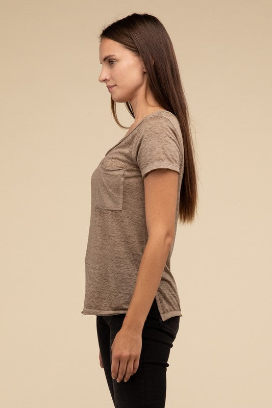 Basic Washed Melange Burnout Scoop V-Neck Top - 1985 the VAULT Boutique