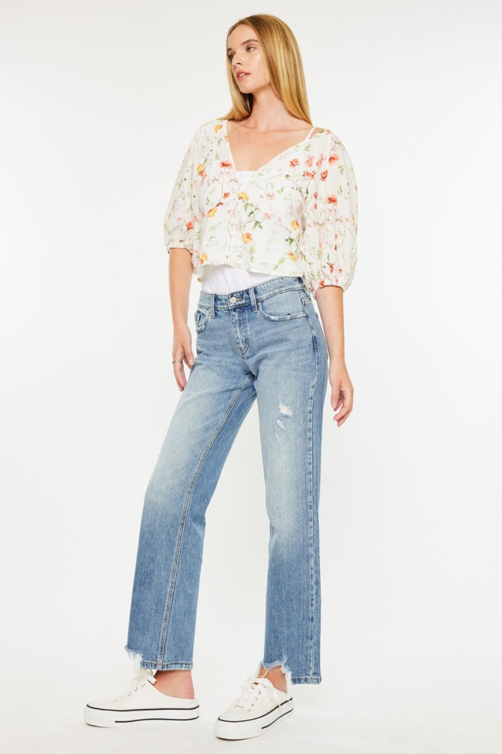 Kancan Mid Rise Frayed Hem Straight Jeans - 1985 the VAULT Boutique