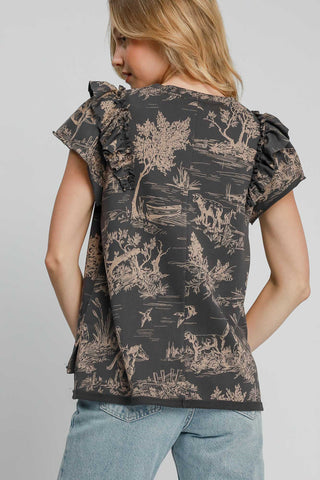 Umgee Ruffled Landscape Print Short Sleeve French Terry Top - 1985 the VAULT Boutique