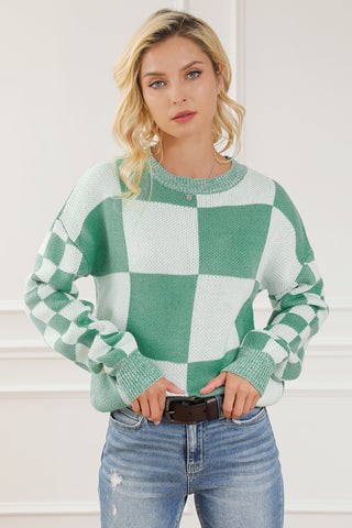 Checkered Drop Shoulder Long Sleeve Sweater - 1985 the VAULT Boutique