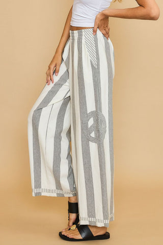 Umgee Peace Sign Patch Striped Wide Leg Pants - 1985 the VAULT Boutique