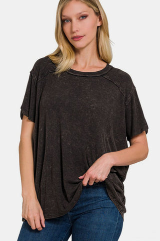 Zenana Washed Ribbed Short Sleeve Top - 1985 the VAULT Boutique