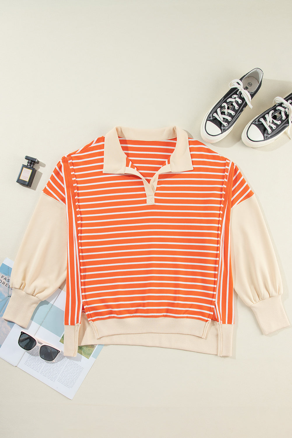 Striped Johnny Collar Long Sleeve Sweatshirt - 1985 the VAULT Boutique