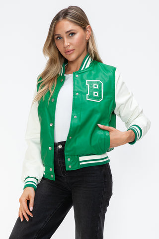 Love Me Now PU Leather Contrast Snap Down Bomber Jacket - 1985 the VAULT Boutique