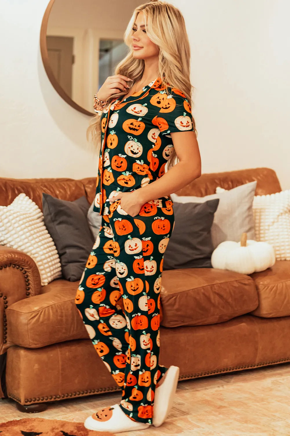 Pumpkin Printed Short Sleeve Top and Pants Lounge Set - 1985 the VAULT Boutique