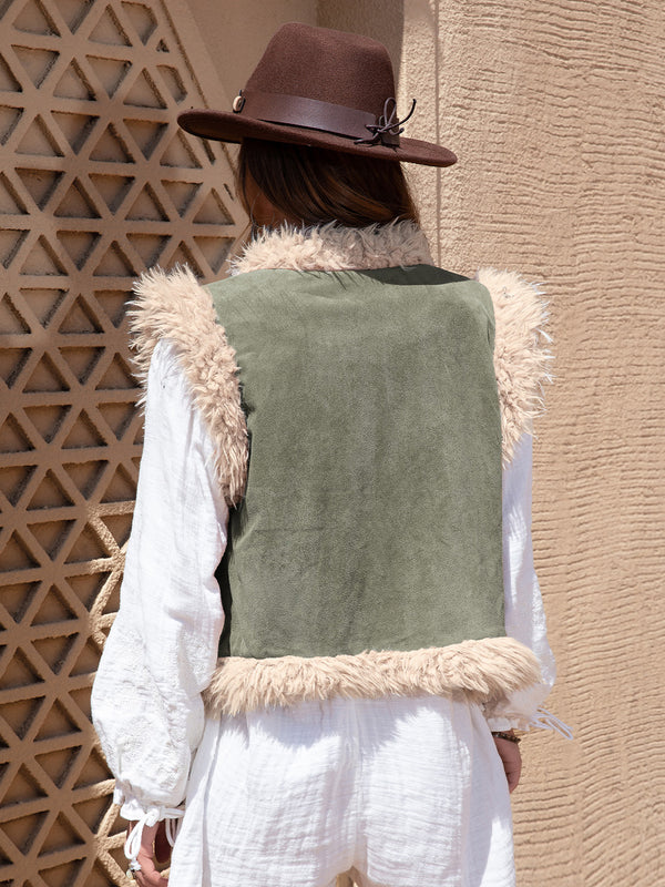 Fuzzy Trim Open Front Vest Coat - 1985 the VAULT Boutique