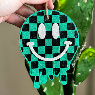 Turquoise Checkered Smiley Hanging Car Freshie - Pre Order (Ship Date Jan 31st) - 1985 the VAULT Boutique