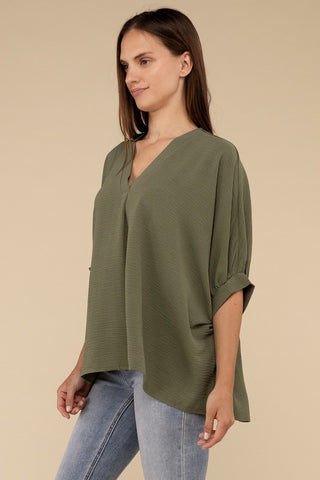 Woven Airflow V-Neck Puff Half Sleeve Top - 1985 the VAULT Boutique