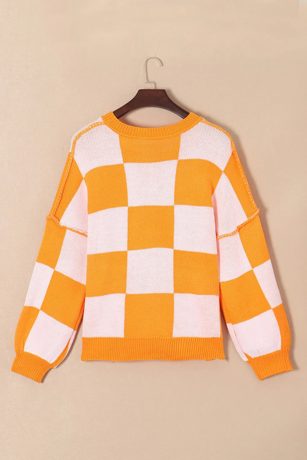 Pumpkin Checkered Round Neck Long Sleeve Sweater - 1985 the VAULT Boutique