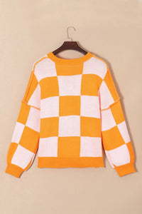 Pumpkin Checkered Round Neck Long Sleeve Sweater - 1985 the VAULT Boutique