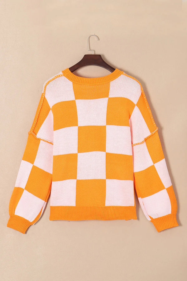 Pumpkin Checkered Round Neck Long Sleeve Sweater - 1985 the VAULT Boutique