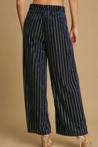 Umgee Full Size Elastic Waist Striped Wide Leg Velvet Pants - 1985 the VAULT Boutique