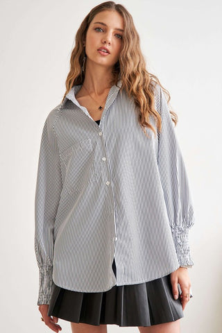 ADORA High-Low Striped Button Down Smocked Lantern Sleeve Shirt - 1985 the VAULT Boutique