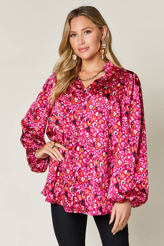 Double Take Full Size Printed Balloon Sleeve Shirt - 1985 the VAULT Boutique