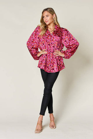 Double Take Full Size Printed Balloon Sleeve Shirt - 1985 the VAULT Boutique