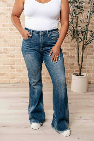 Miley High Waist Control Top Frayed Hem Flare Jeans - 1985 the VAULT Boutique