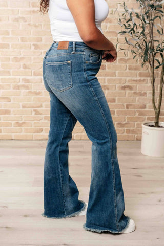 Miley High Waist Control Top Frayed Hem Flare Jeans - 1985 the VAULT Boutique