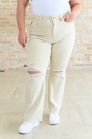 Selena High Rise Distressed 90's Straight Jeans in Bone - 1985 the VAULT Boutique