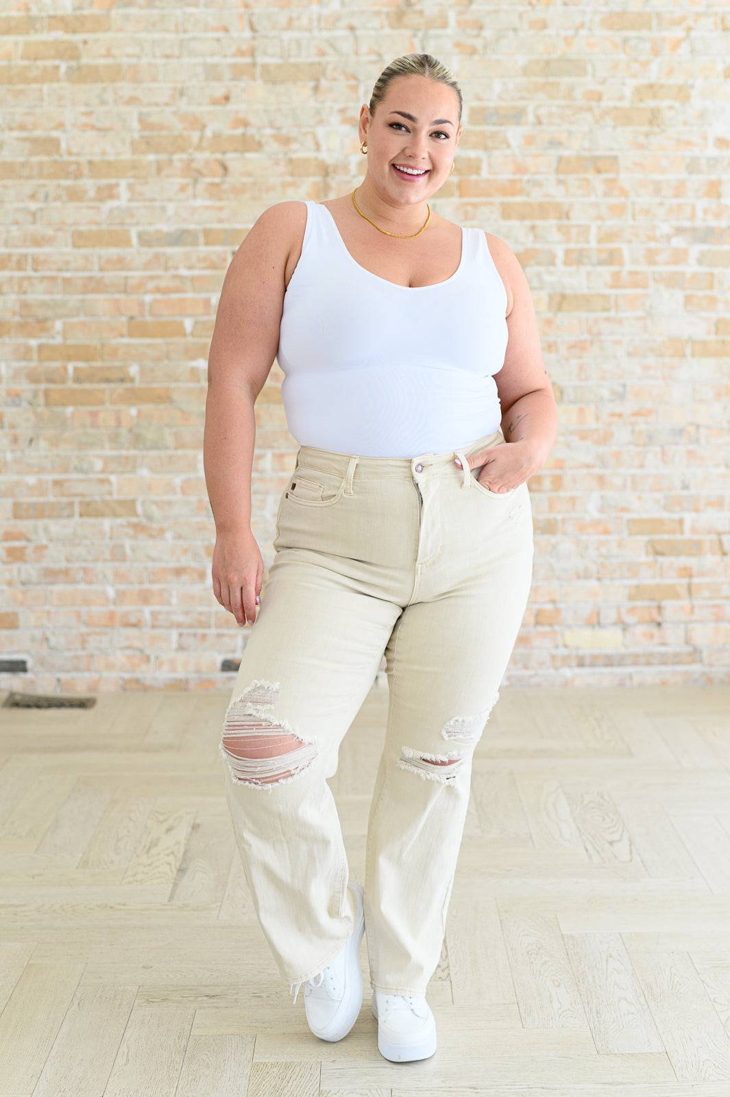 Selena High Rise Distressed 90's Straight Jeans in Bone - 1985 the VAULT Boutique