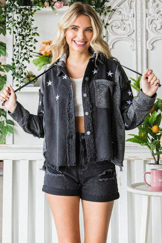 Veveret Star Embroidered Hooded Denim Jacket - 1985 the VAULT Boutique