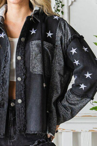 Veveret Star Embroidered Hooded Denim Jacket - 1985 the VAULT Boutique