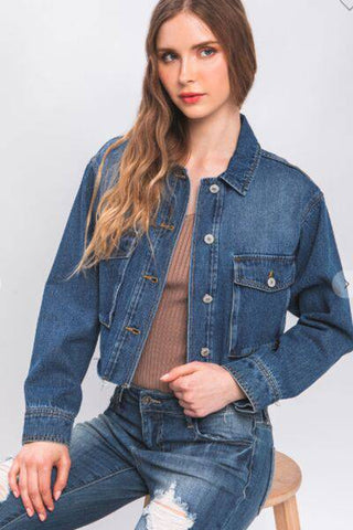 LOVE TREE Raw Hem Button Up Cropped Denim Jacket - 1985 the VAULT Boutique