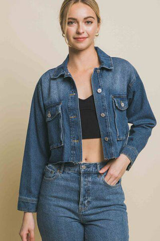 LOVE TREE Raw Hem Button Up Cropped Denim Jacket - 1985 the VAULT Boutique